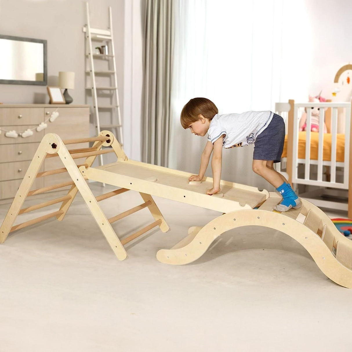 3-tlg. Holzklettergerüst Indoor-Kletterdreieck Schaukel Kletterbogen