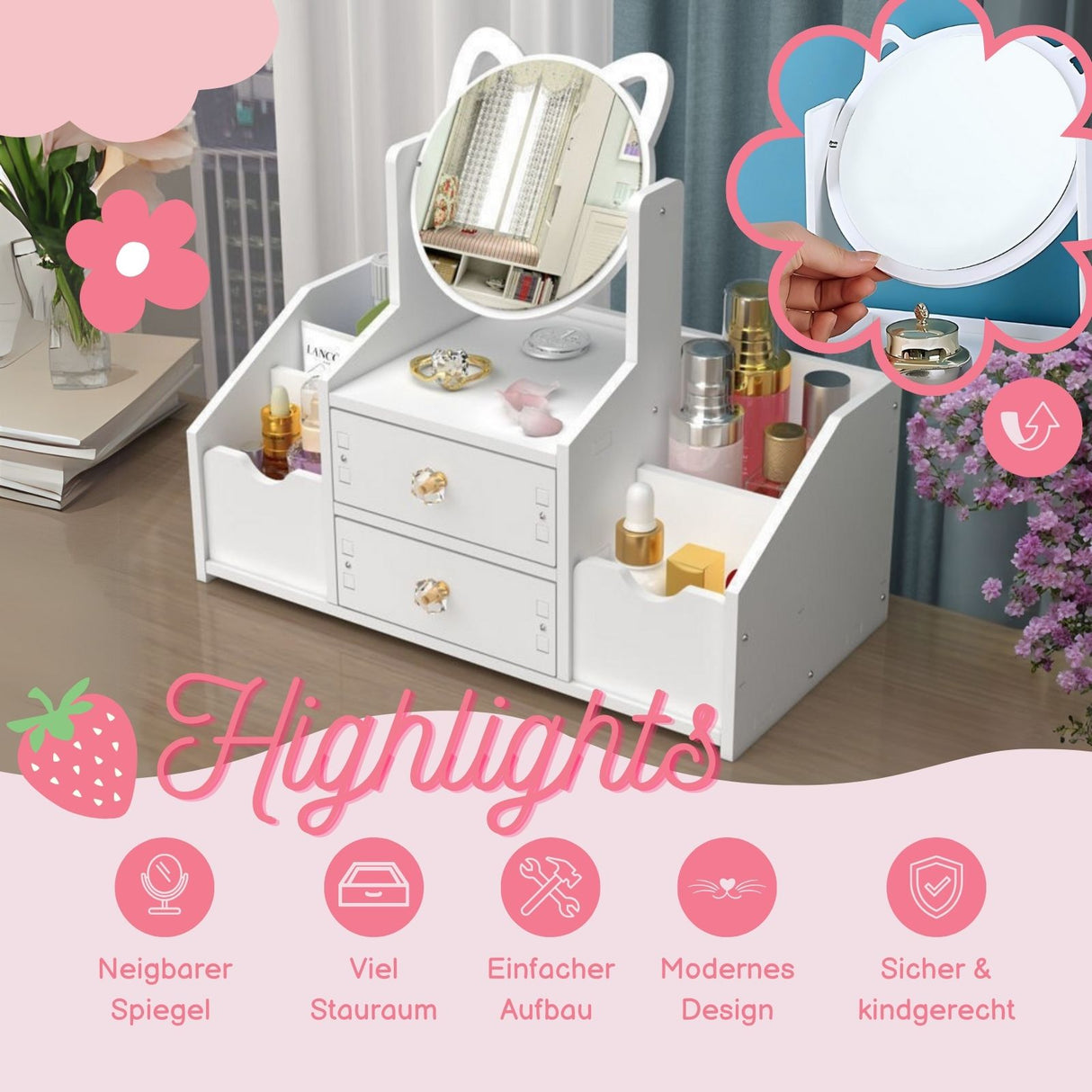 Kinder Spiel Make-up Spiegel Kosmetik-Aufbewahrungsbox Schmuck- und Beauty-Organizer