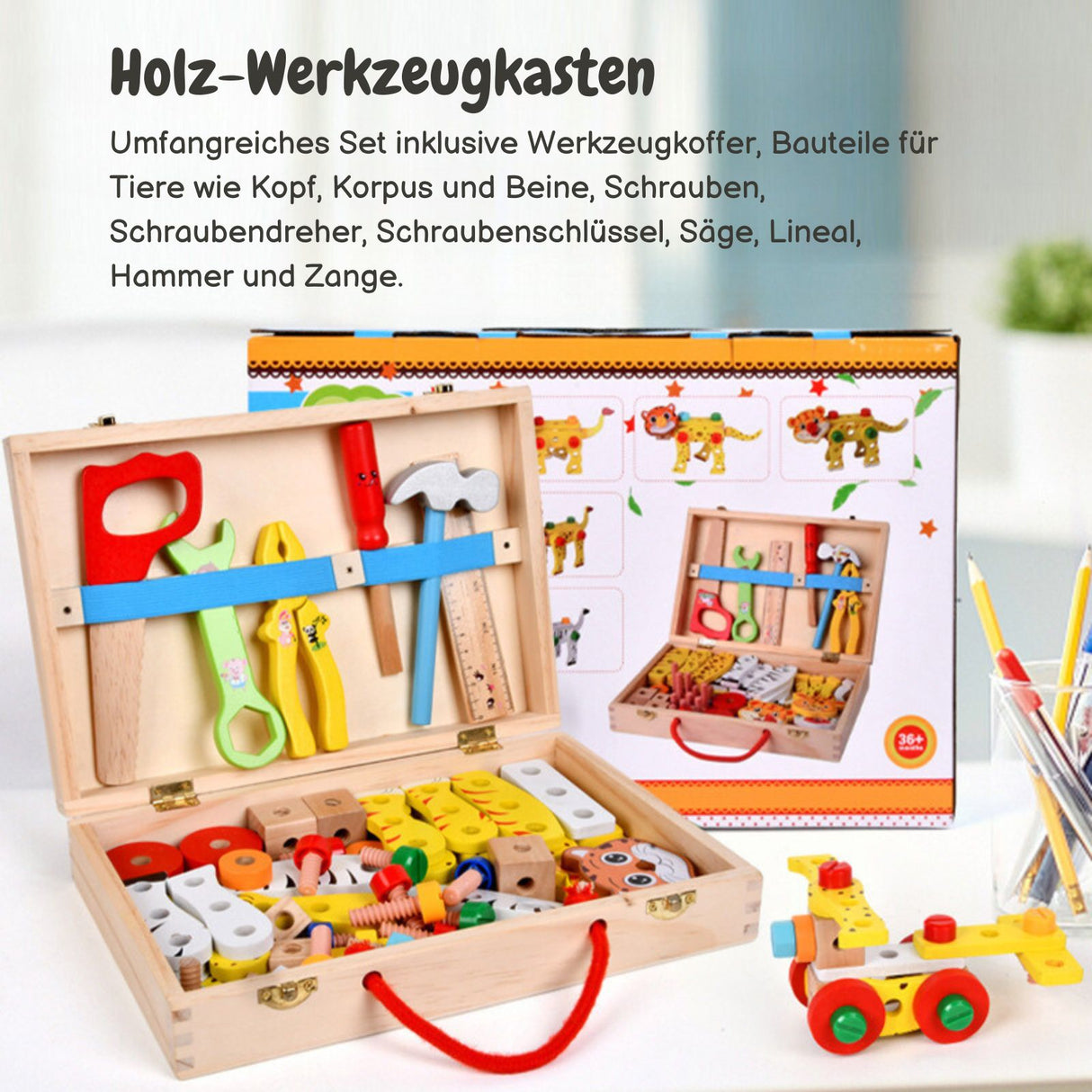 Kinder-Baukasten Holz-Werkzeugkasten für Kinder Lernspielzeug Holzbausatz Tiere