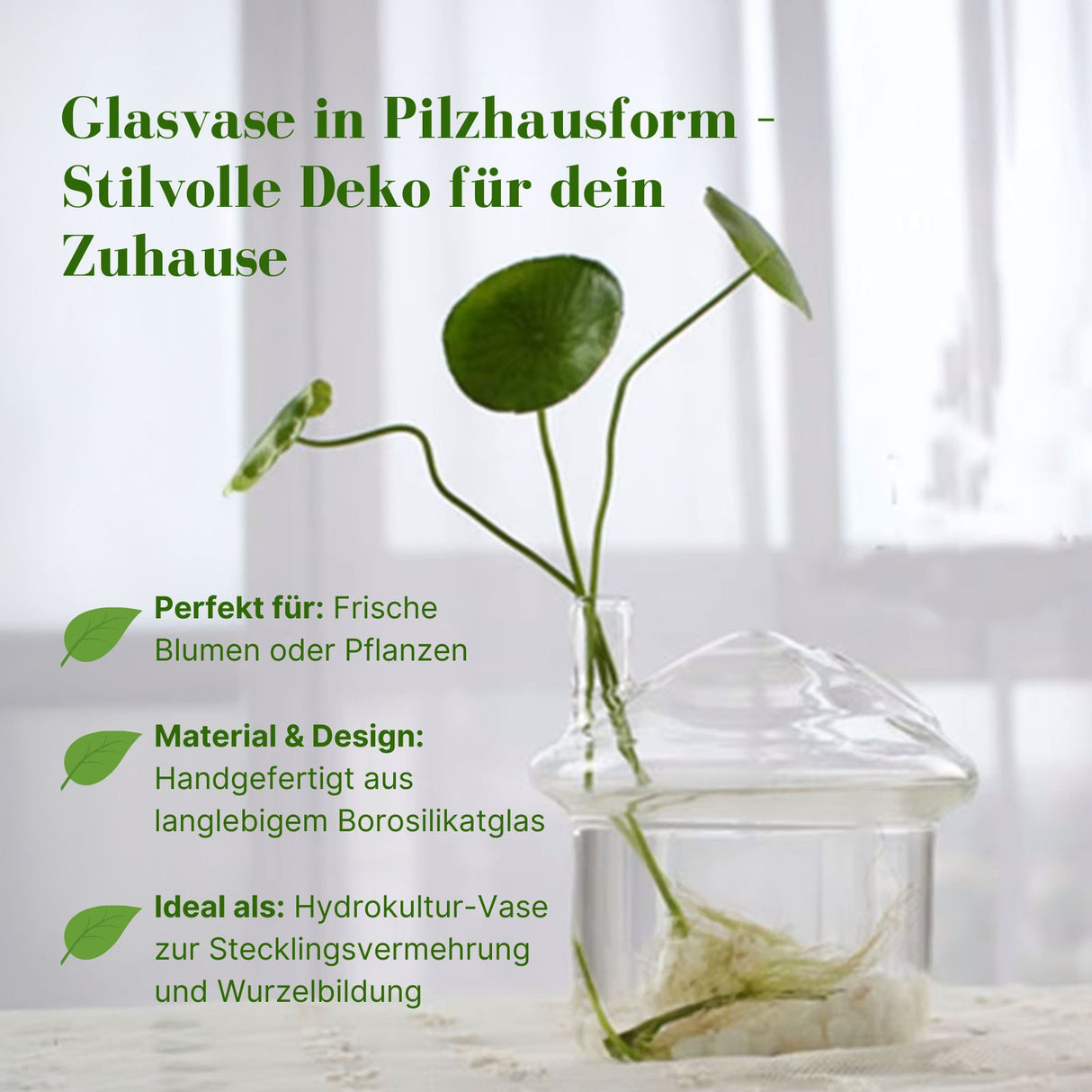 Stehende Glasvase Pilzhausform Blumenvase Vase Dekoration