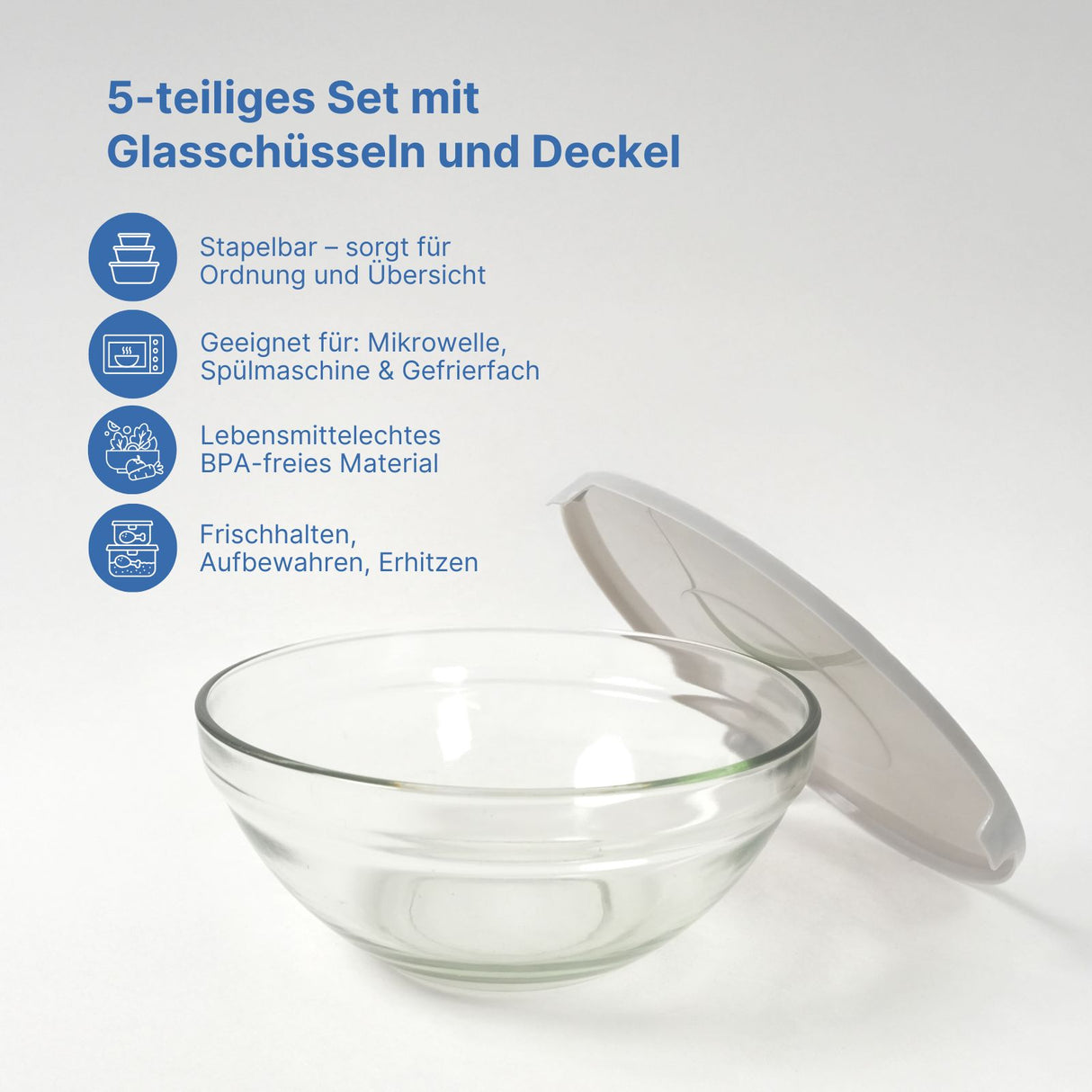 5er-Set Glasschüsseln mit Deckel Glasbehälter Glasschale