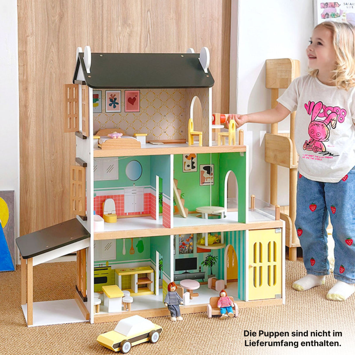 21-tlg. Holz-Puppenhaus mit Zubehör Spielhaus Kinderspielzeug Haus