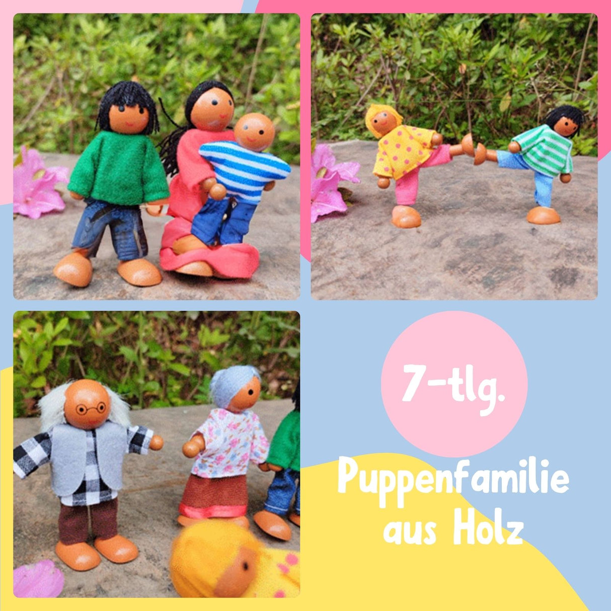 7-tlg. Puppenfamilie aus Holz Holzpuppen Biegepuppen Kinderspielzeug