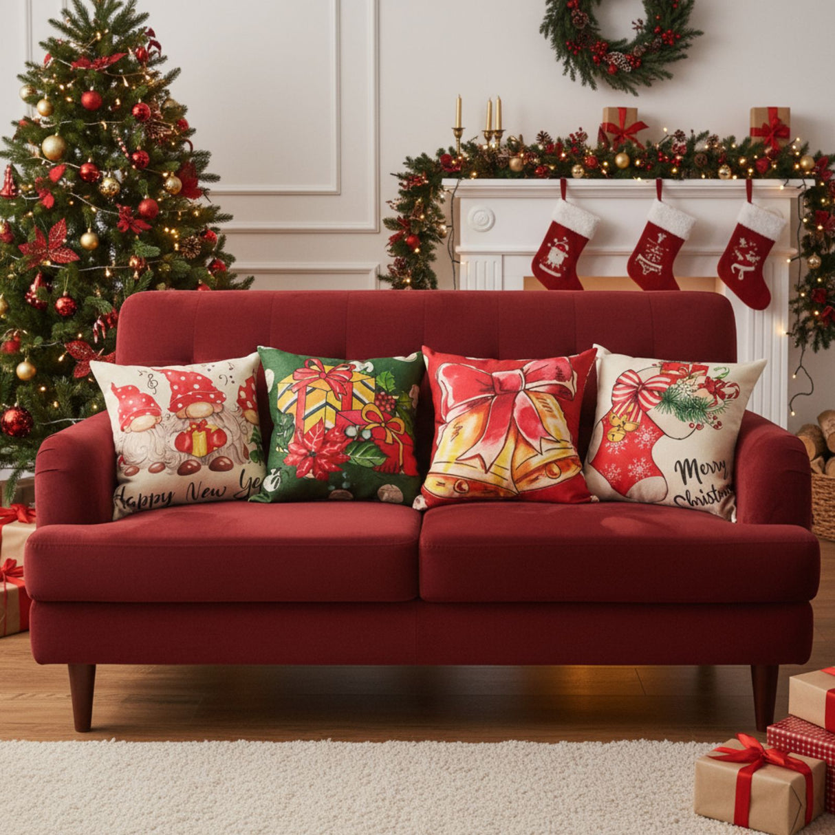 4er-Set Weihnachts-Kissenbezug Dekokissen-Bezug Kissenhülle Zier-Bezug