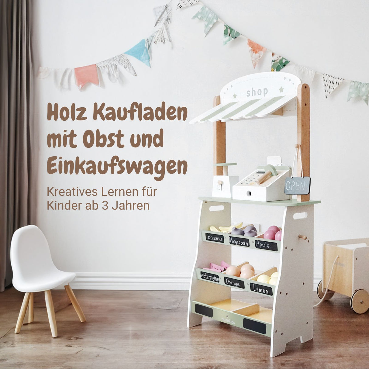 Holz-Kaufladen mit Zubehör Kinder-Verkaufsstand Früchte- und Obststand