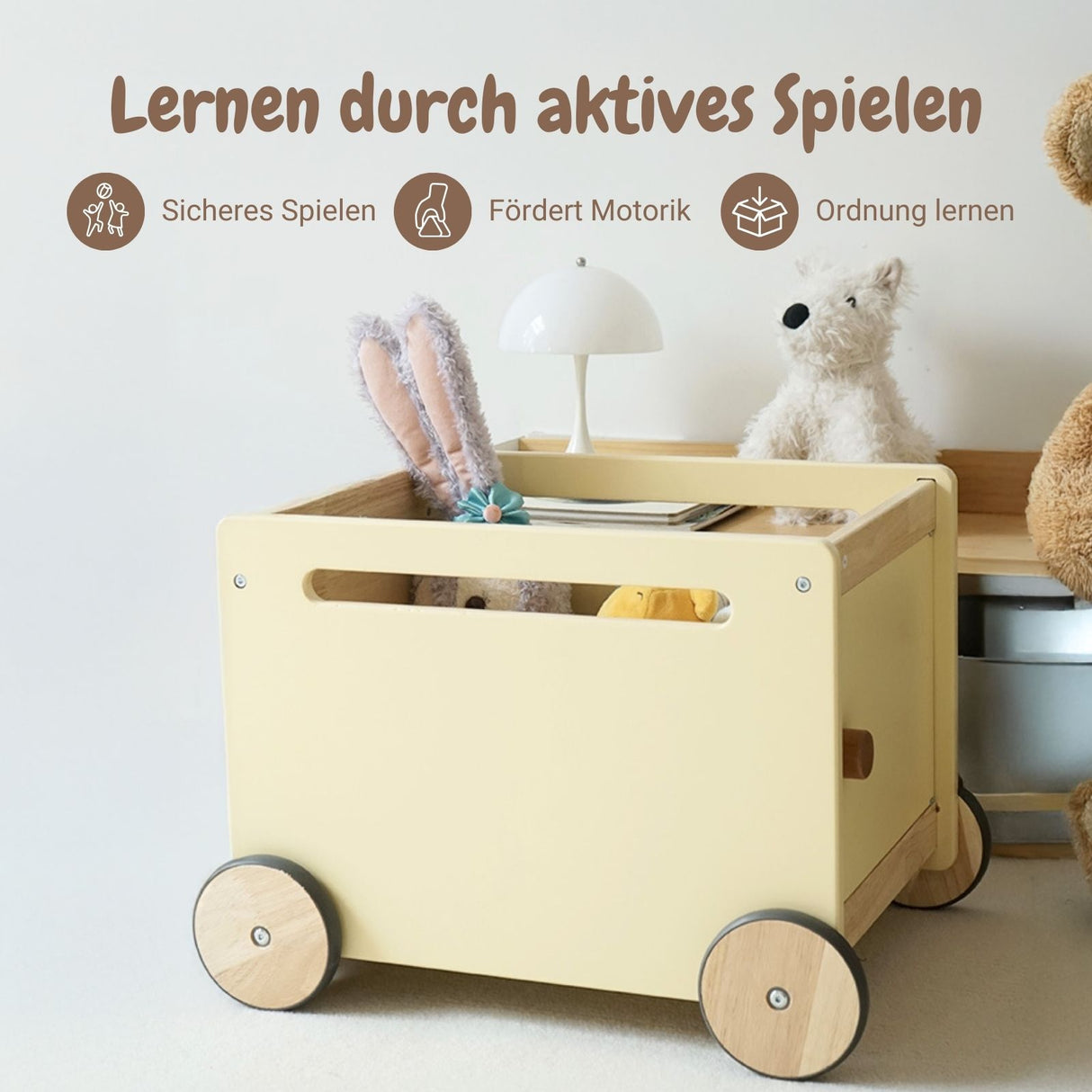 Spielzeugkiste auf Rollen Holz-Rollbox Spielzeugwagen Bücherkiste