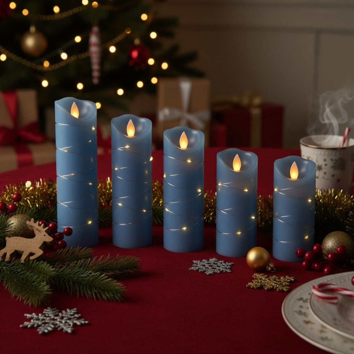 5er-Set LED Stumpenkerze mit Lichterkette Elektronische Echtwachskerze
