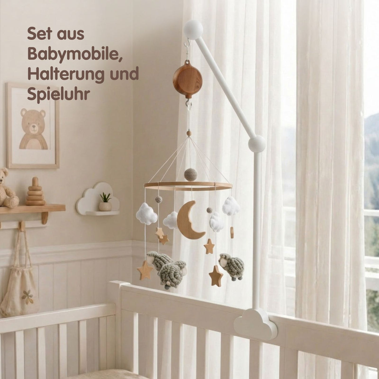 Mobile mit Halterung und Spieluhr Schafe Schlafbegleiter mit Musik