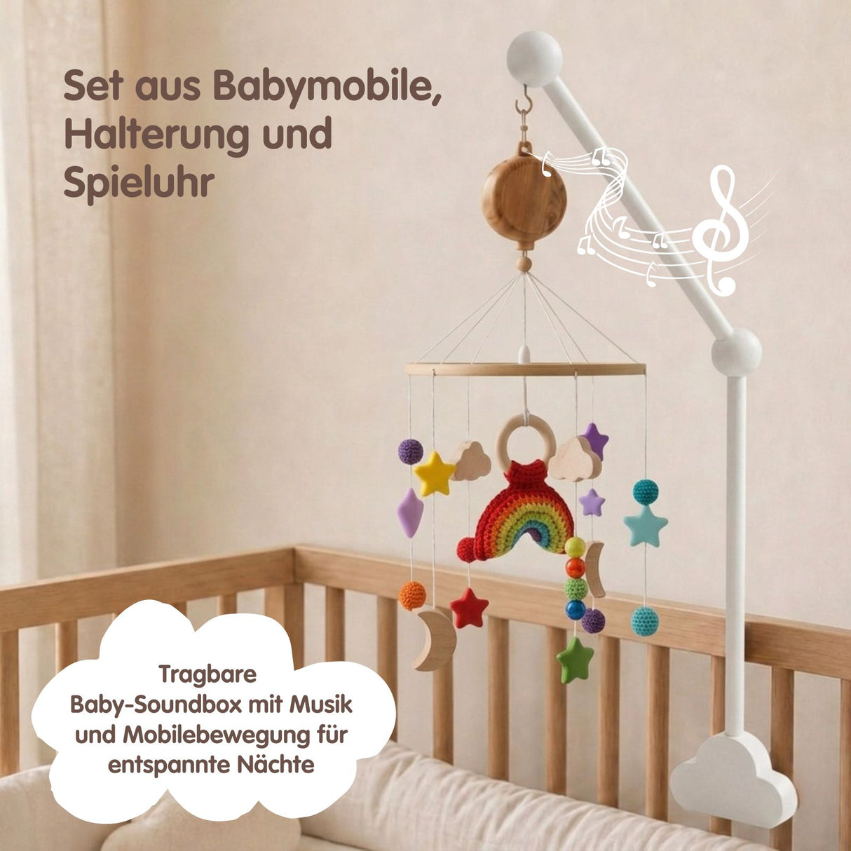 Mobile mit Halterung und Spieluhr Regenbogen Schlafbegleiter mit Musik
