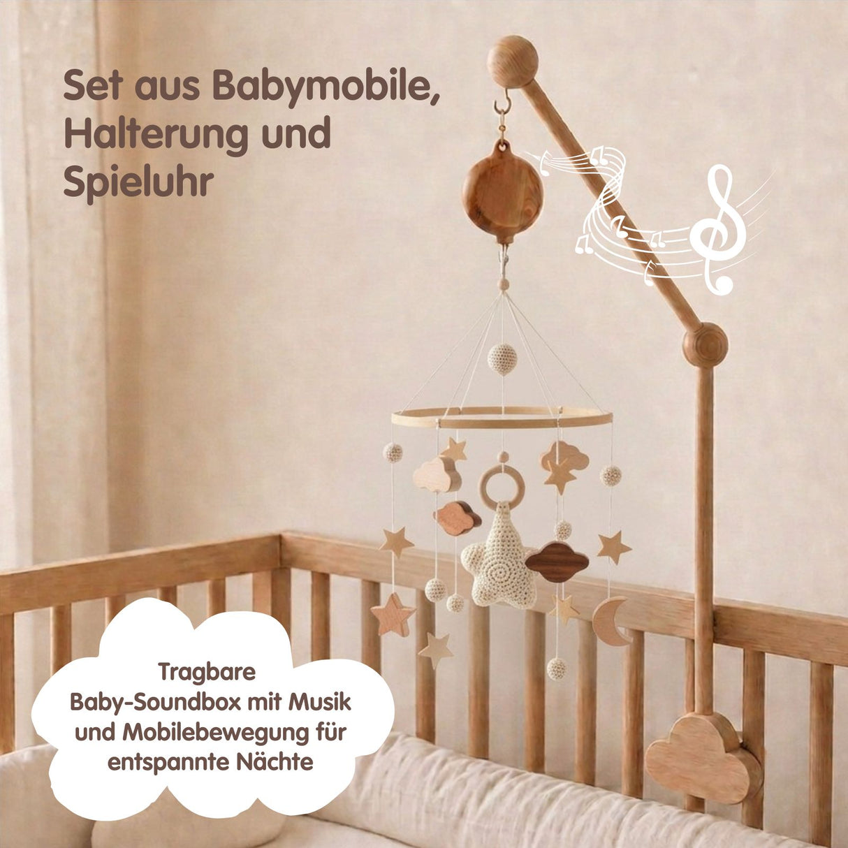 Mobile mit Halterung und Spieluhr Stern Weiss Einschlafhilfe mit Musik