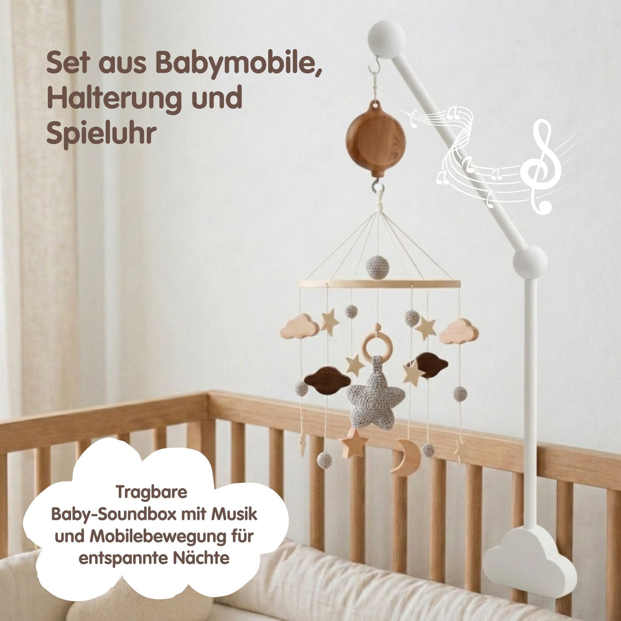 Mobile mit Halterung und Spieluhr Stern Grau Schlafbegleiter mit Musik