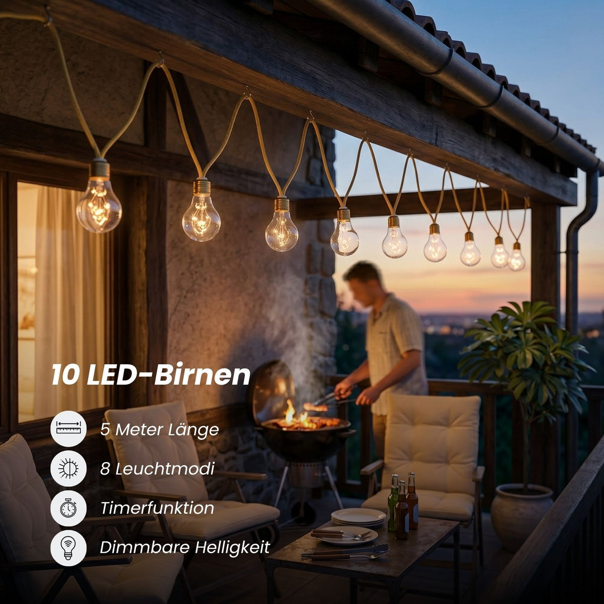 LED-Hanfseil-Dekoleuchte 5m Gartenbeleuchtung Solarleuchte Gartenlicht