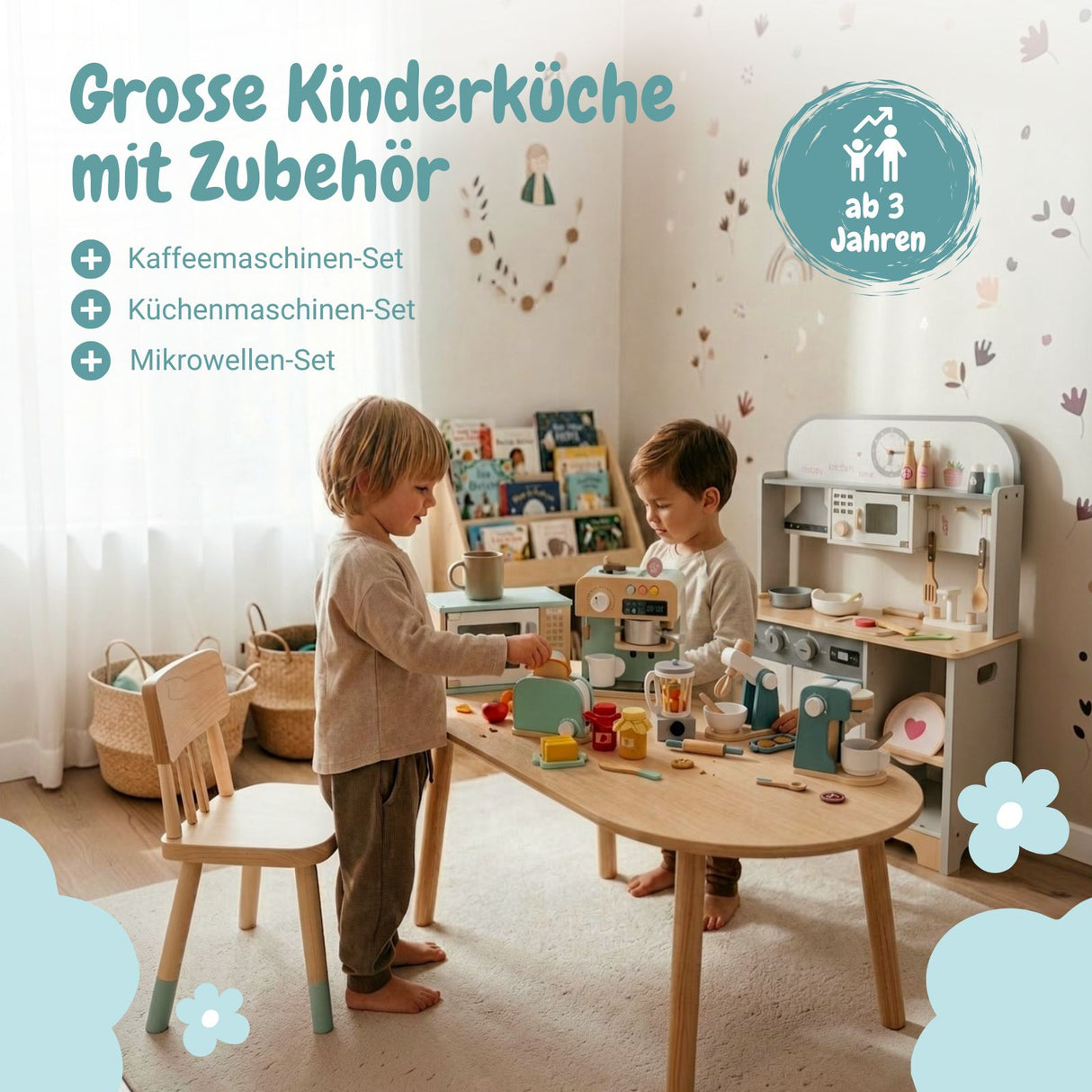Kinderküche mit Frühstücksset Kaffeeautomat Mikrowelle Küchenmaschinen