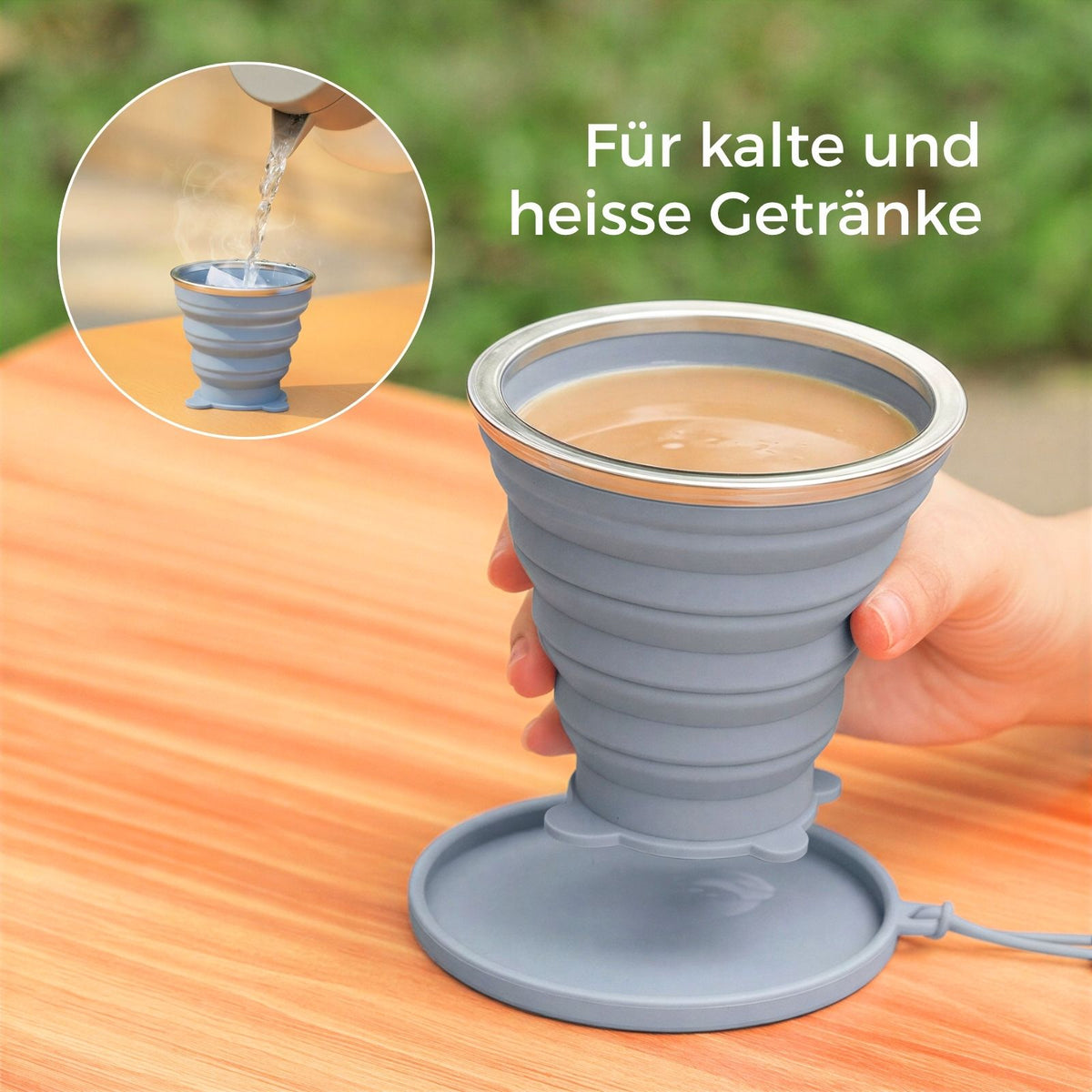 Faltbarer Silikonbecher mit Deckel Trinkbecher Faltbecher Reisebecher