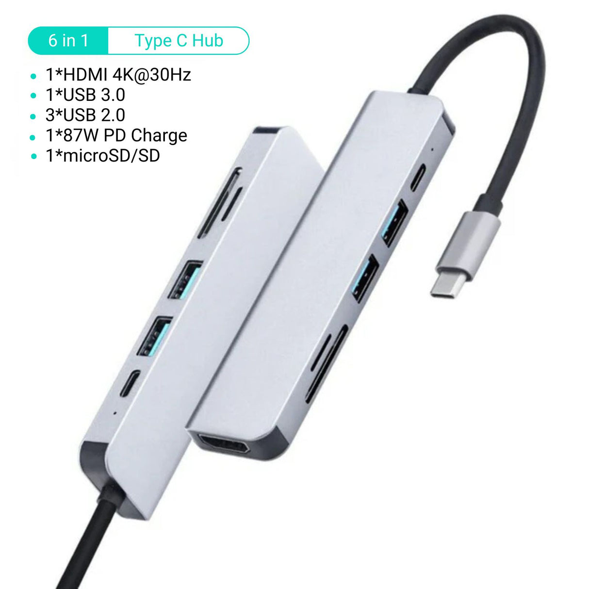 Dockingstation Multi USB-Hub USB-C 6in1 USB-A 3.0/2.0 HDMI 4K microSD/SD