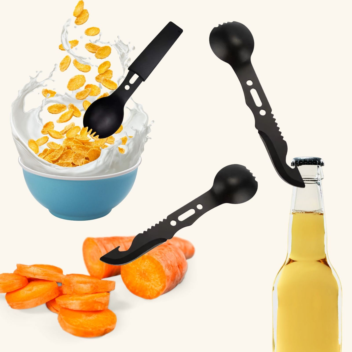 Multifunktionales 7in1 Outdoor-Besteck Gabel Messer Löffel Flaschenöffner Pfeife Schaber Seilöse