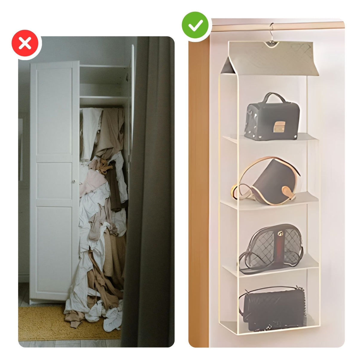 Handtaschen-Organizer zum Aufhängen Hängeaufbewahrung 4 Fächer Beige