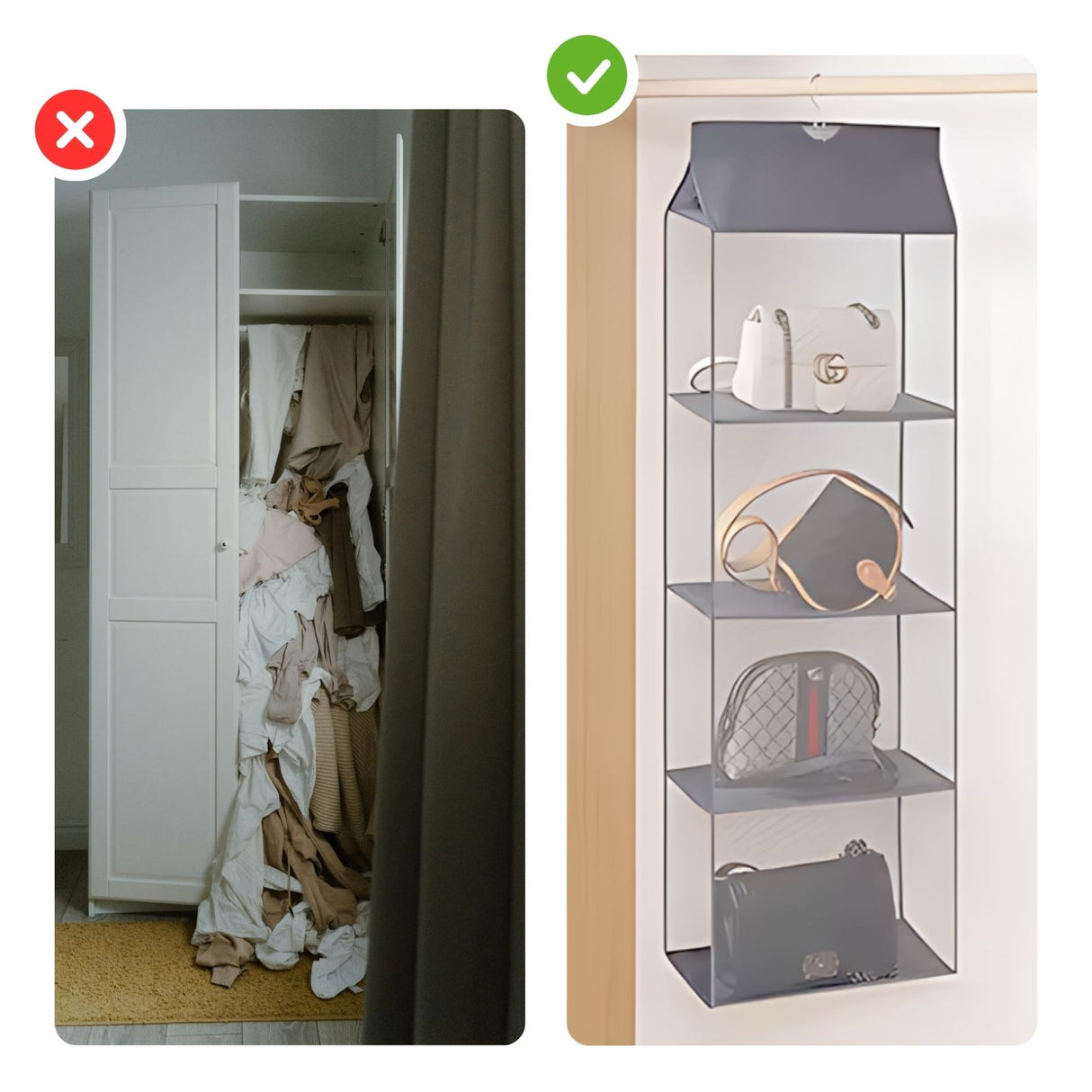 Hängeaufbewahrung Handtaschen-Organizer zum Aufhängen 4 Fächer Grau