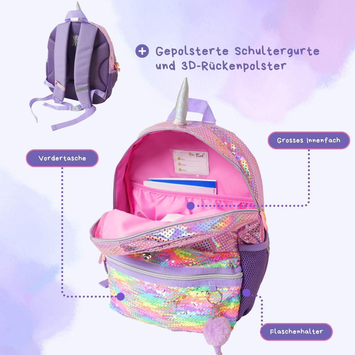 Einhorn-Rucksack Kinderrucksack mit Einhorn-Motiv Glitzer-Rucksack Pailletten-Rucksack