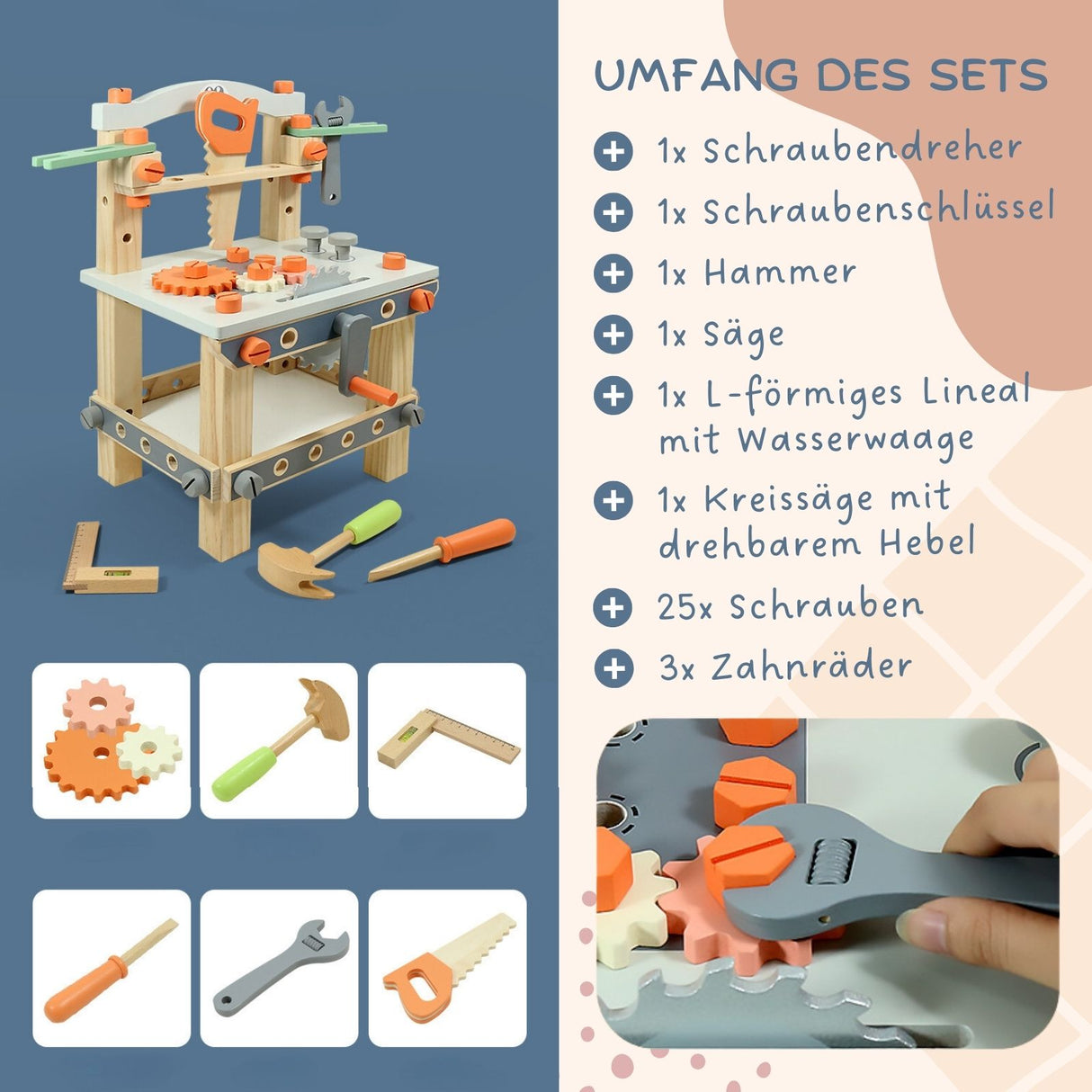 Werkbank-Set aus Holz für Kinder Spielzeugset Holzspielzeug Werkzeugset