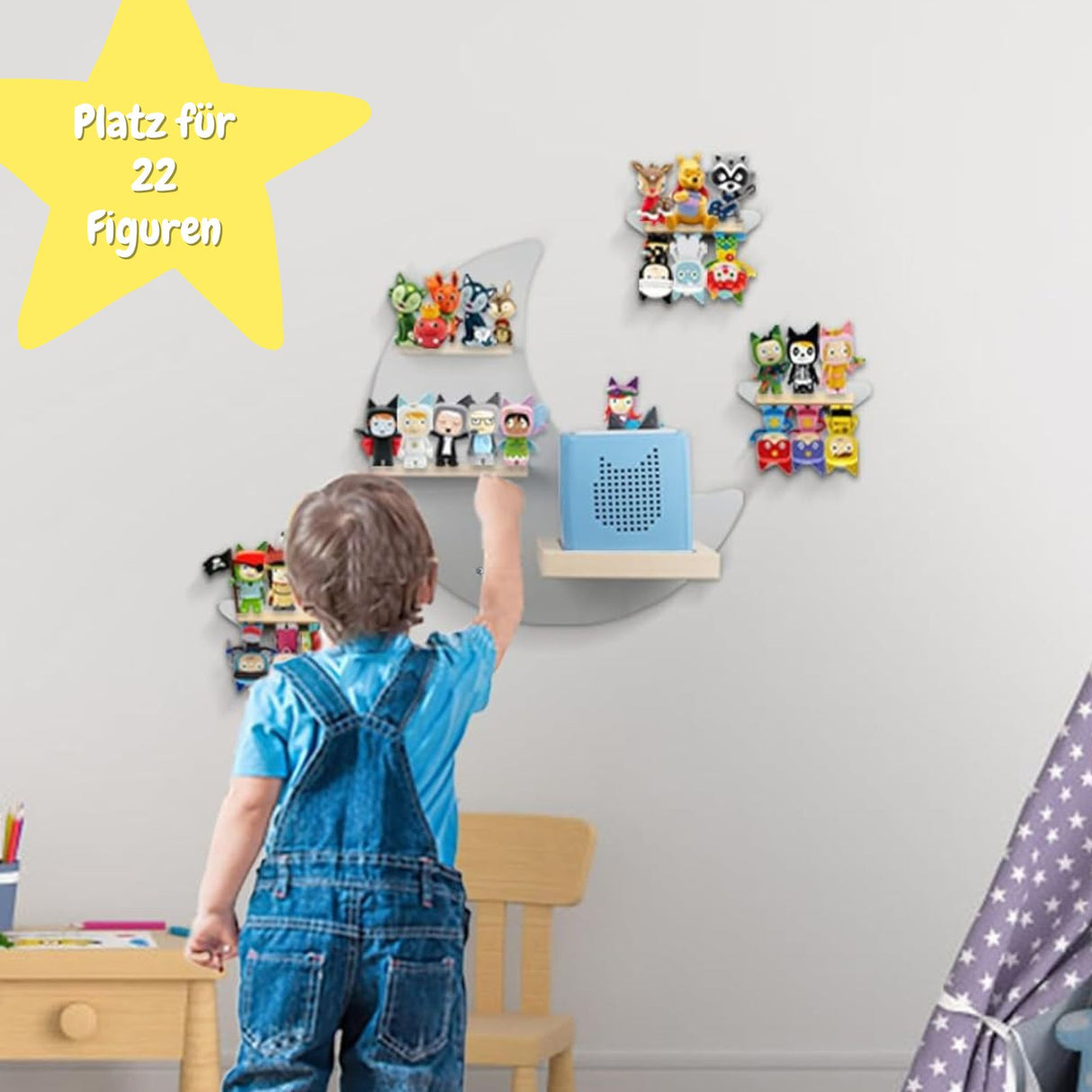 Mond & Sterne-Holzregal für Toniebox und Toniefiguren Spielzeug-Organizer Wandregal