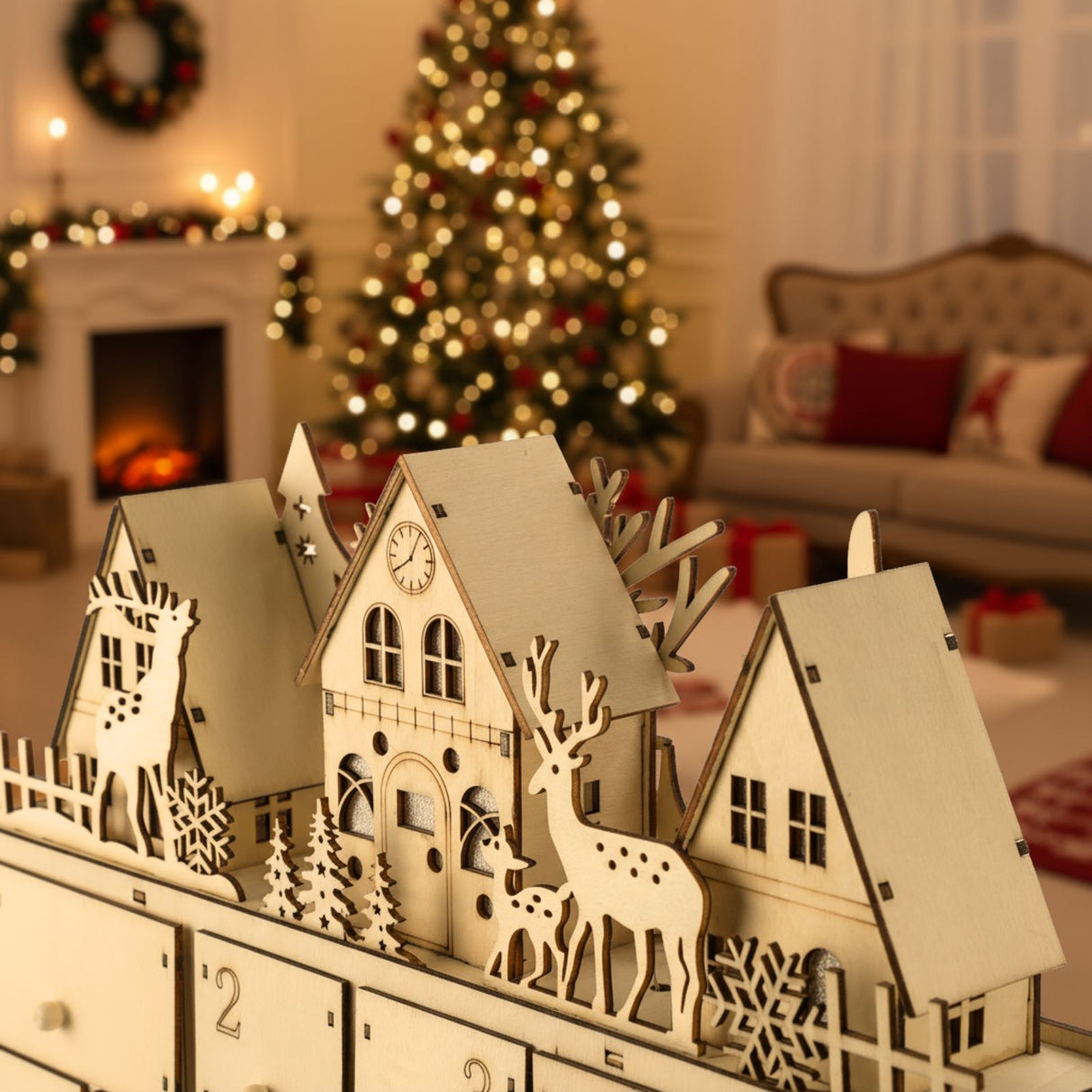 Holz-Adventskalender Weihnachtskalender 24 Schubladen mit LED