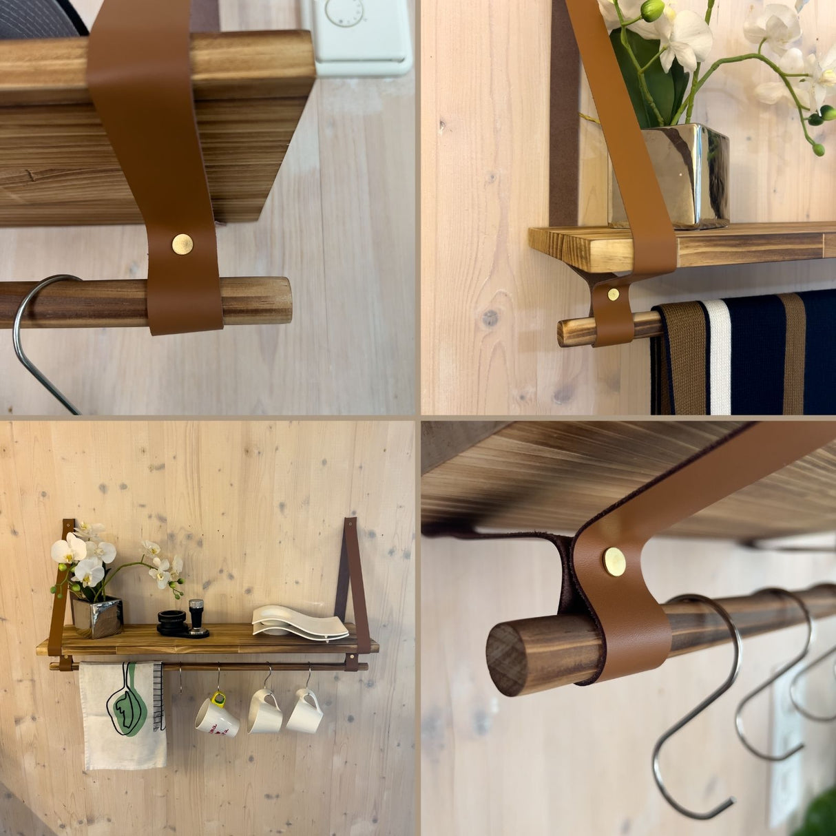 Wandregal 80cm mit Lederbändern und Holzstab Dekoregal Hängeregal
