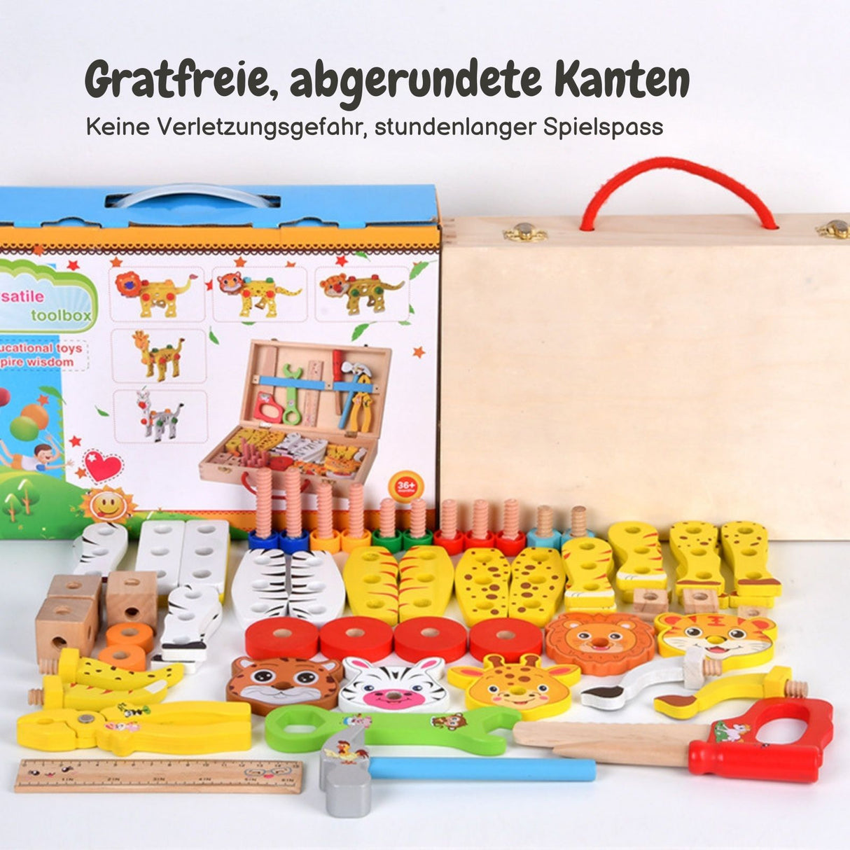 Kinder-Baukasten Holz-Werkzeugkasten für Kinder Lernspielzeug Holzbausatz Tiere