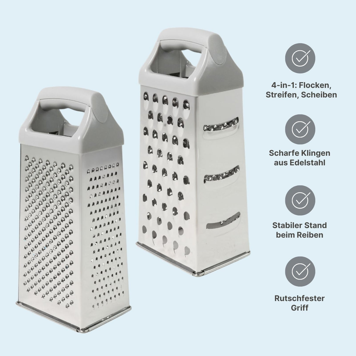 XL Edelstahl-Küchenreibe Reibe mit Griff Vierkantreibe Gemüsereibe