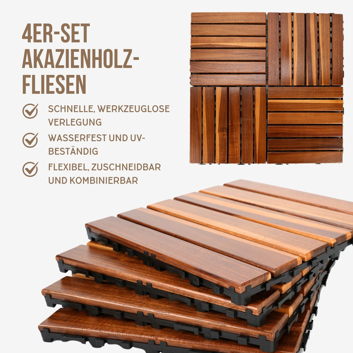 4er-Set Akazienholz-Fliesen Klickfliesen Bodenplatten Holzfliesen