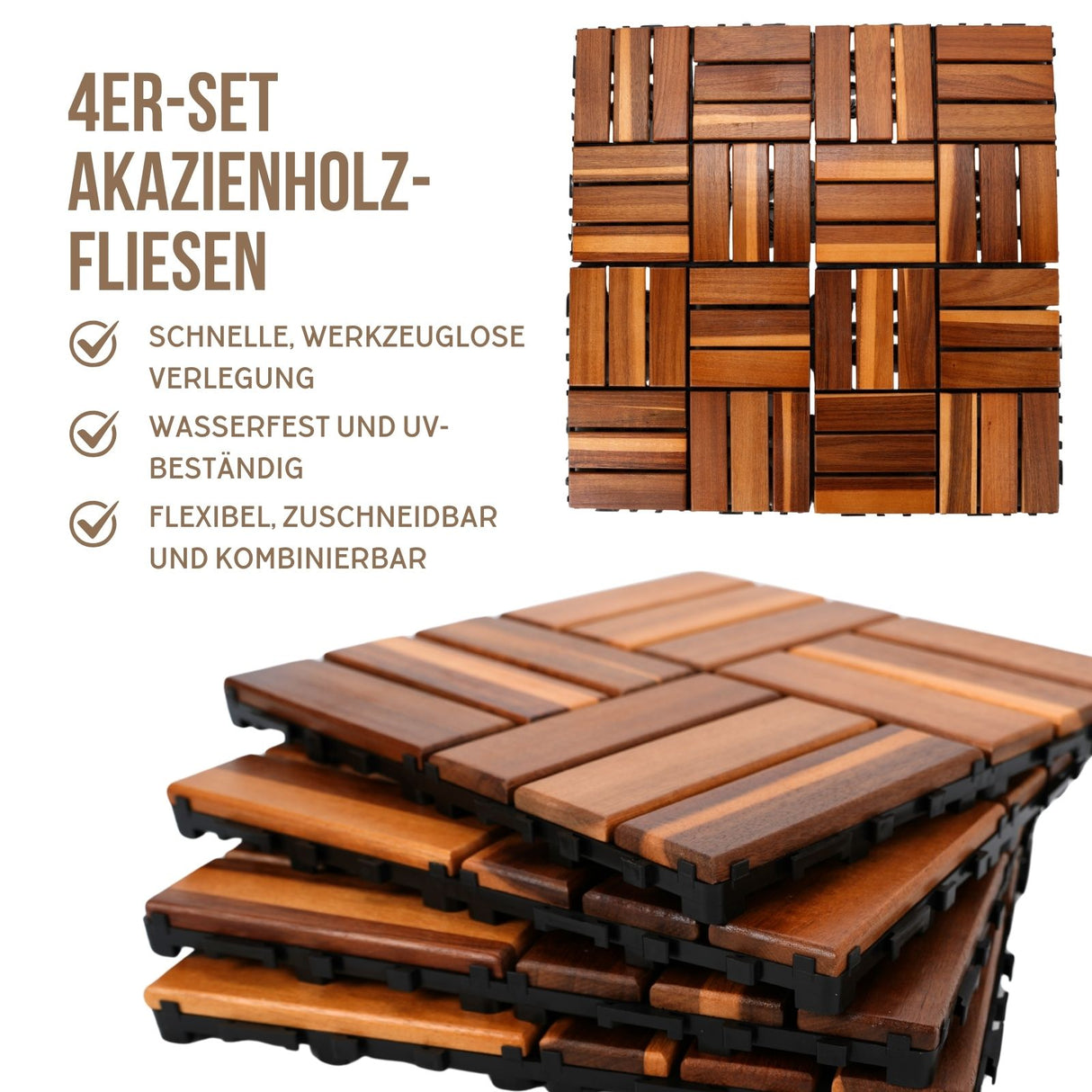 4er-Set Akazienholz-Fliesen Holzfliesen Bodenplatten Klickfliesen