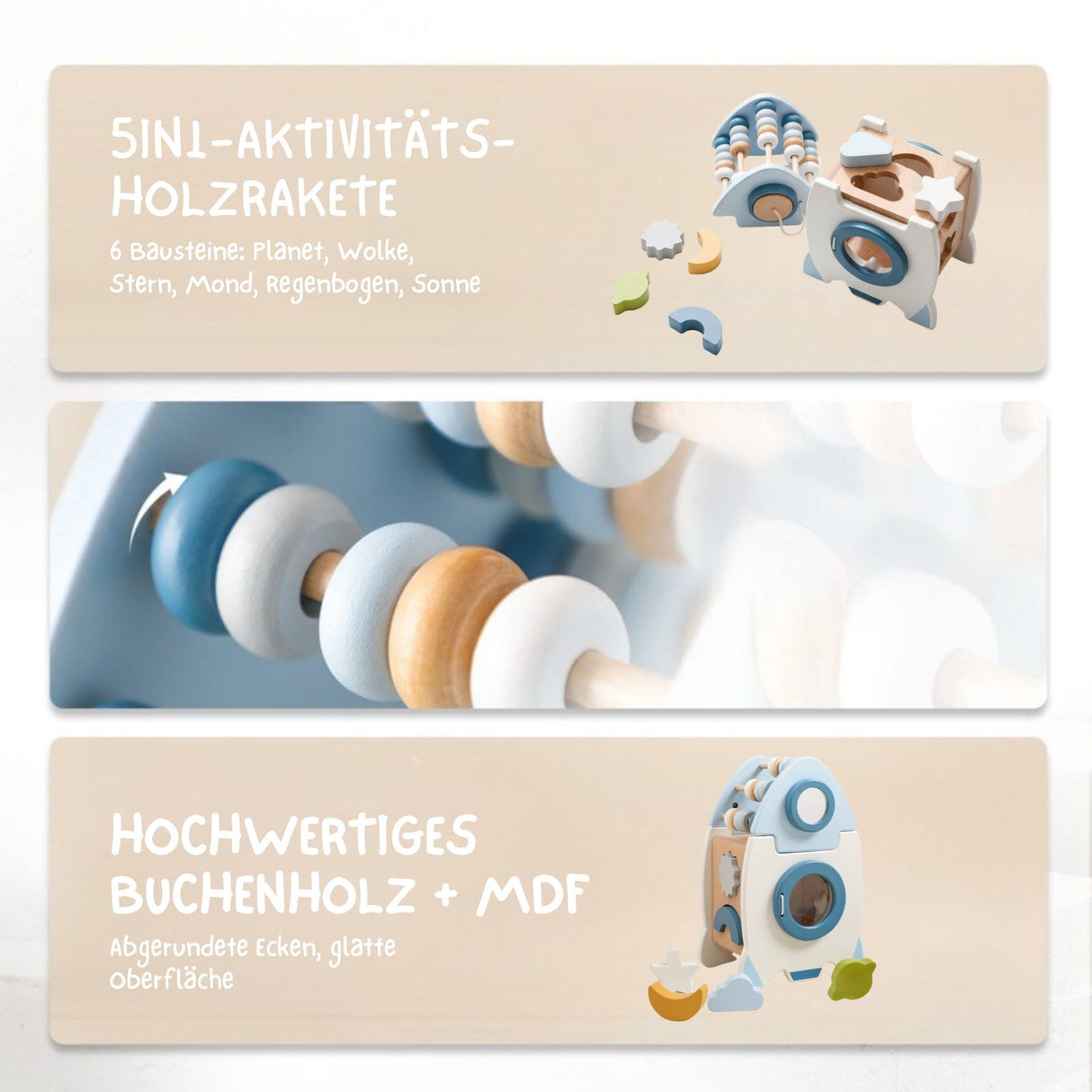 5in1-Aktivitäts-Holzrakete Kinderspielzeug Raumschiff Motorikspielzeug