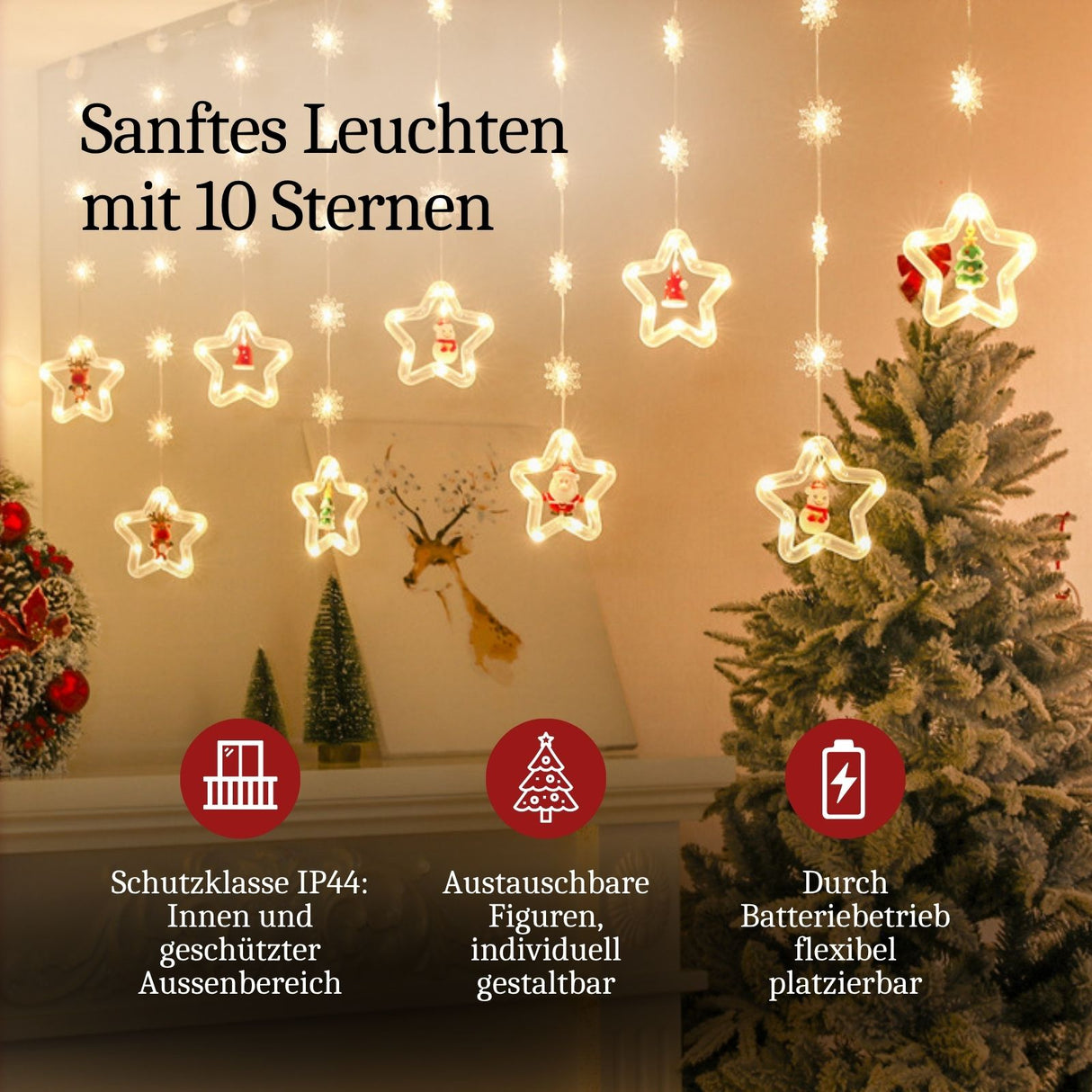 LED Weihnachtslichterkette 3m Sternen-Lichterkette mit Schneeflocken