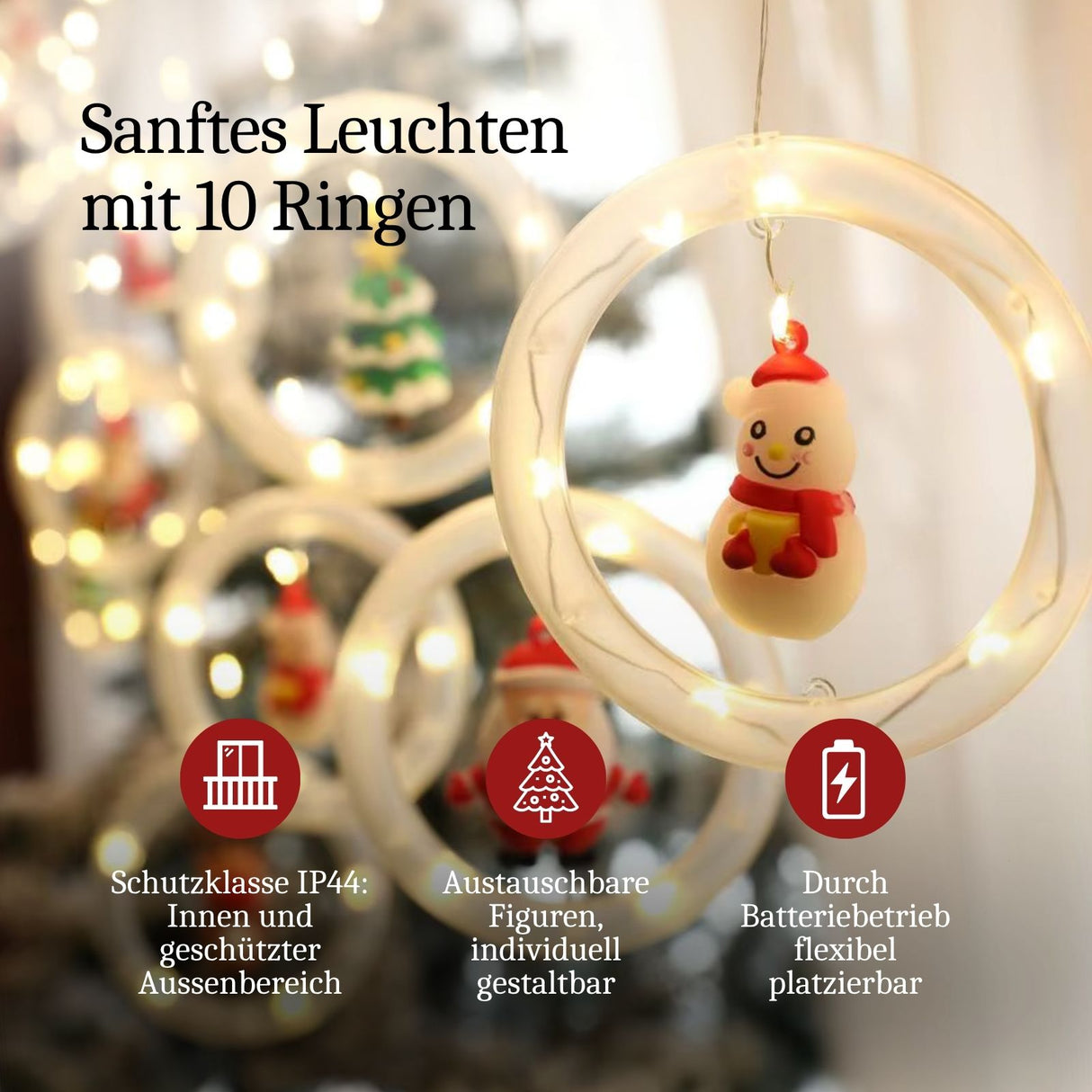 LED Weihnachtslichterkette 3m Lichtvorhang mit Ringen und Schneeflocken