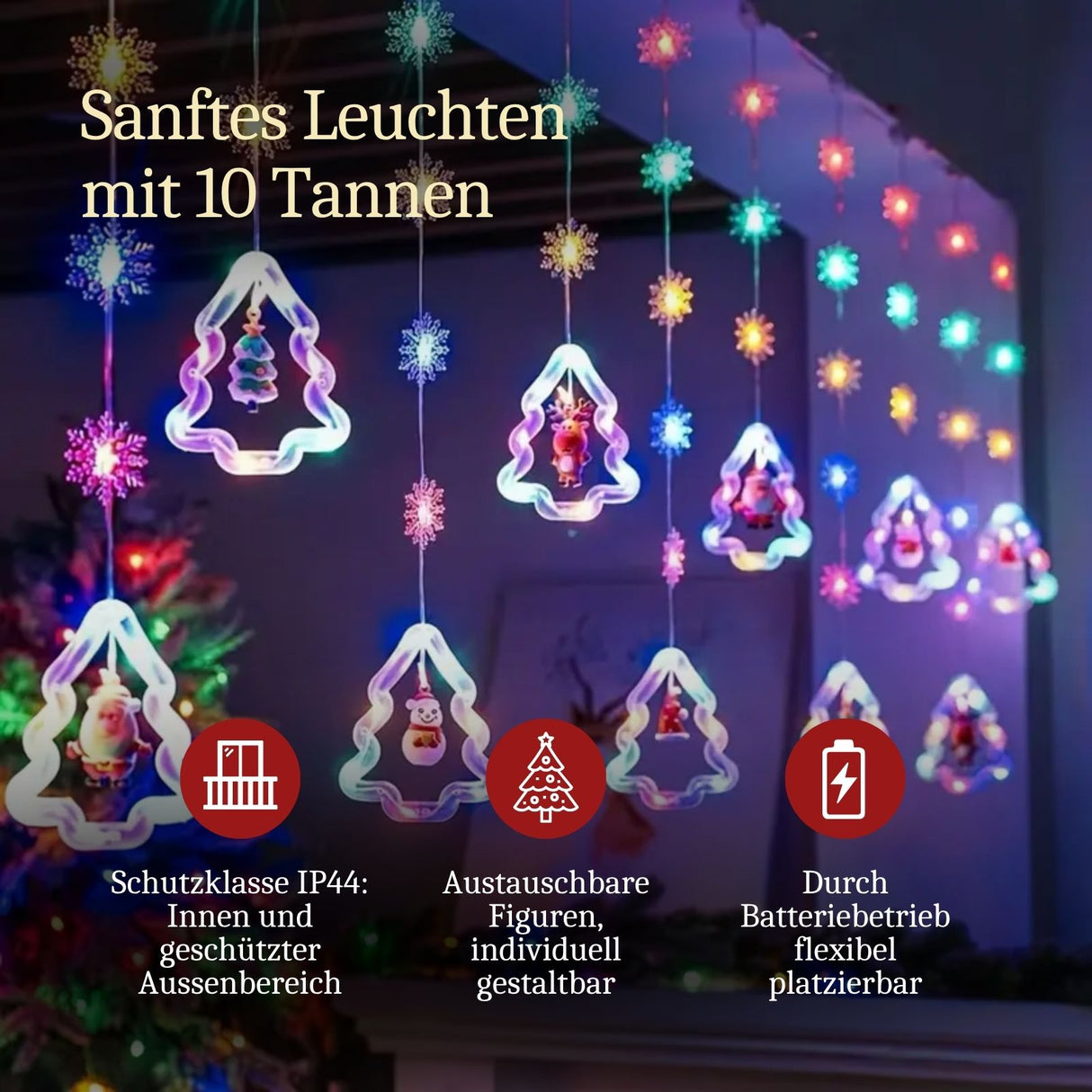 LED Weihnachtslichterkette 3m Lichtvorhang mit Tannenbäumen Leuchtkette