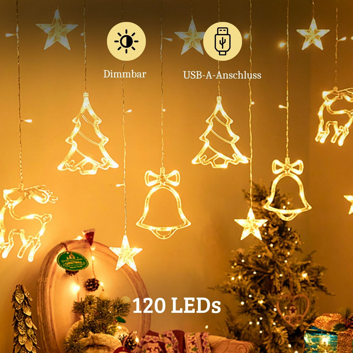 LED Weihnachtslichtervorhang 3.4m Leuchtkette Weihnachtsvorhanglichter