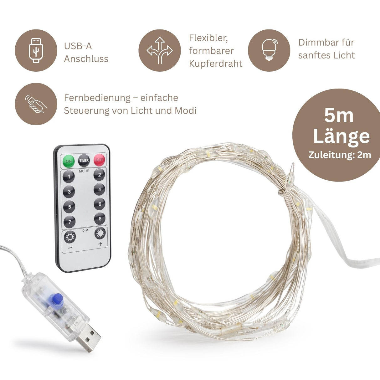 LED Kupferdraht-Lichterkette 5m Weihnachtslichterkette Deko-Lichter