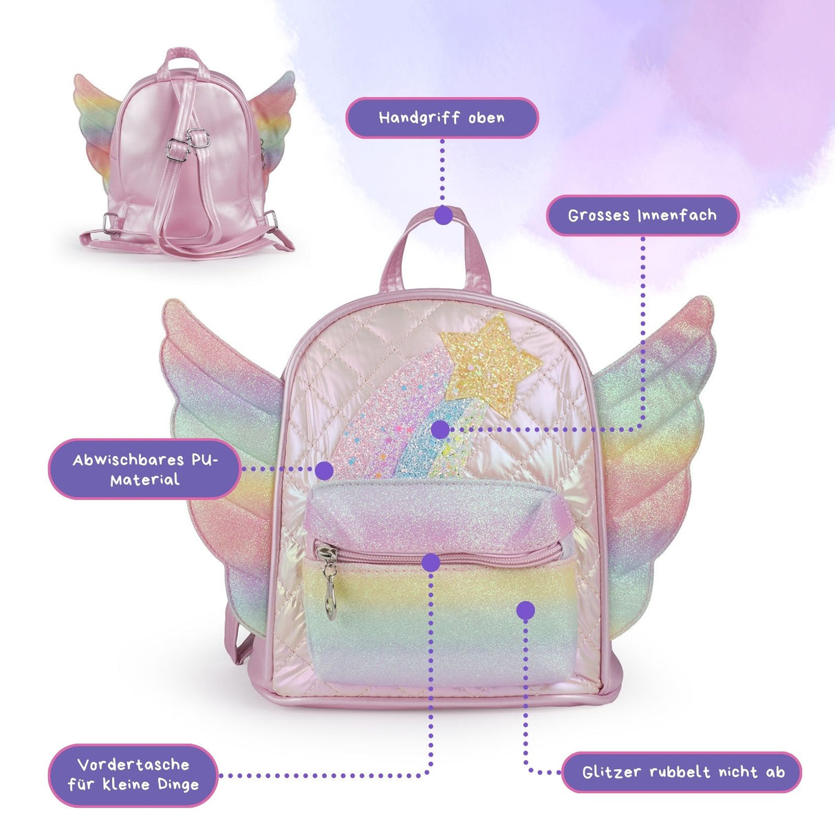 Kinderrucksack mit Flügeln Kindergartenrucksack Glitzer-Rucksack