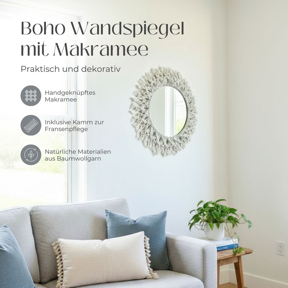 Makramee-Spiegel Boho-Spiegel Wandspiegel mit Makramee Ethno-Spiegel