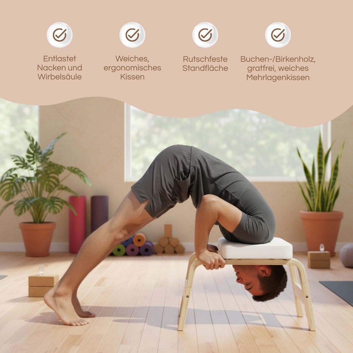 Yoga Kopfstandhocker aus Holz mit Kissen Übungshocker Fusshocker