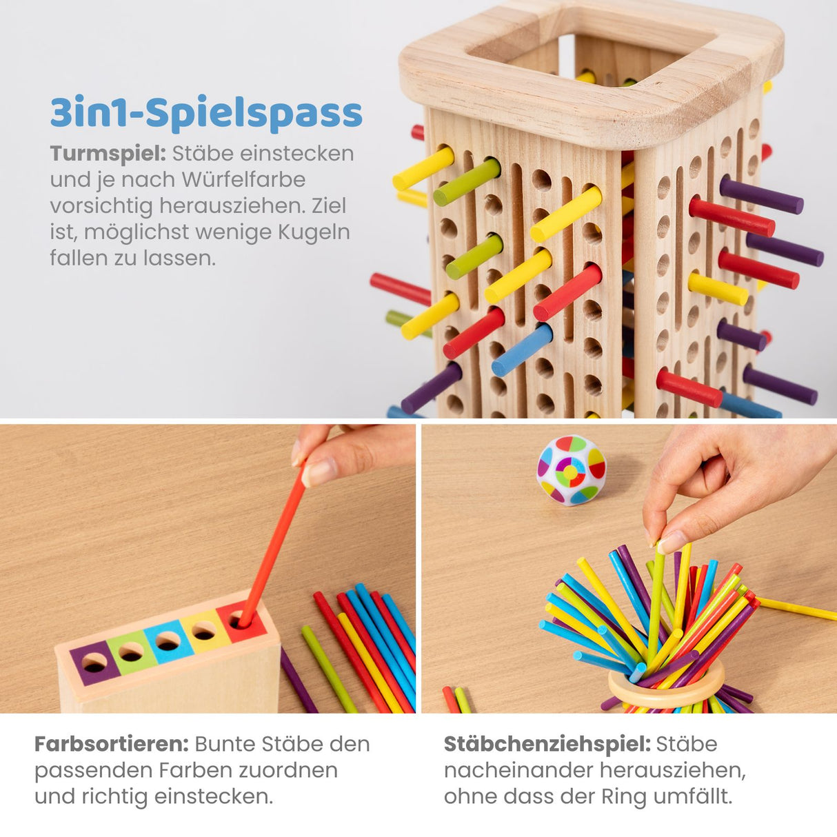3in1 Motorikspielzeug Holzstab-Turm Farbsortierspiel Stäbchenziehspiel