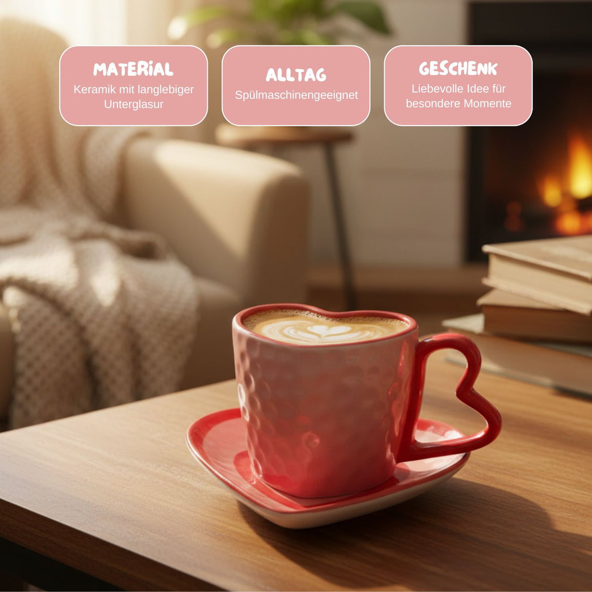 Herztasse mit Untertasse Henkeltasse Becher Kaffeetasse Teetasse