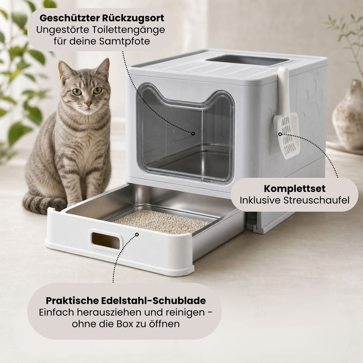 Katzen-WC mit Edelstahlschublade Katzentoilette Katzenklo mit Deckel