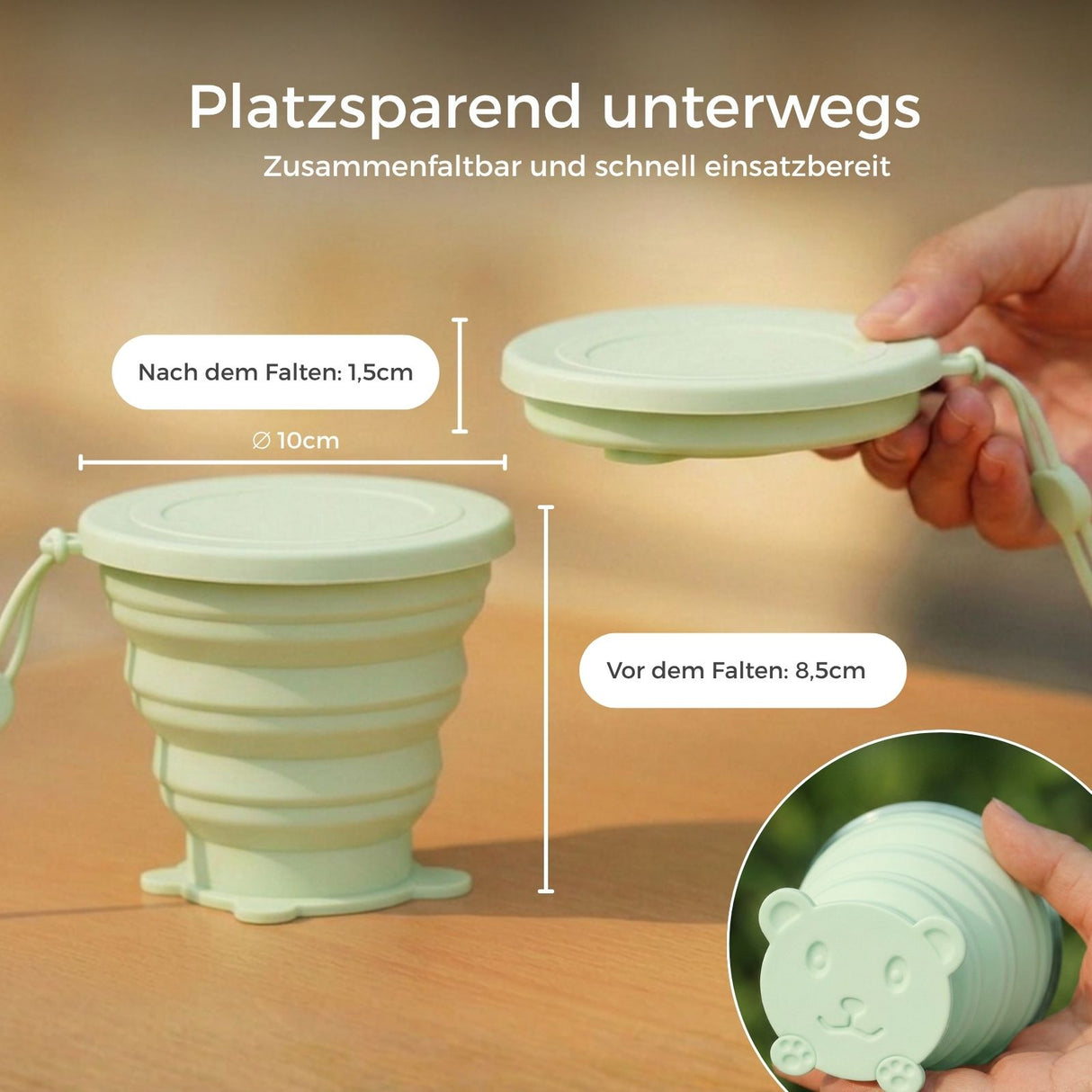 Faltbarer Silikonbecher mit Deckel Reisebecher Trinkbecher Faltbecher