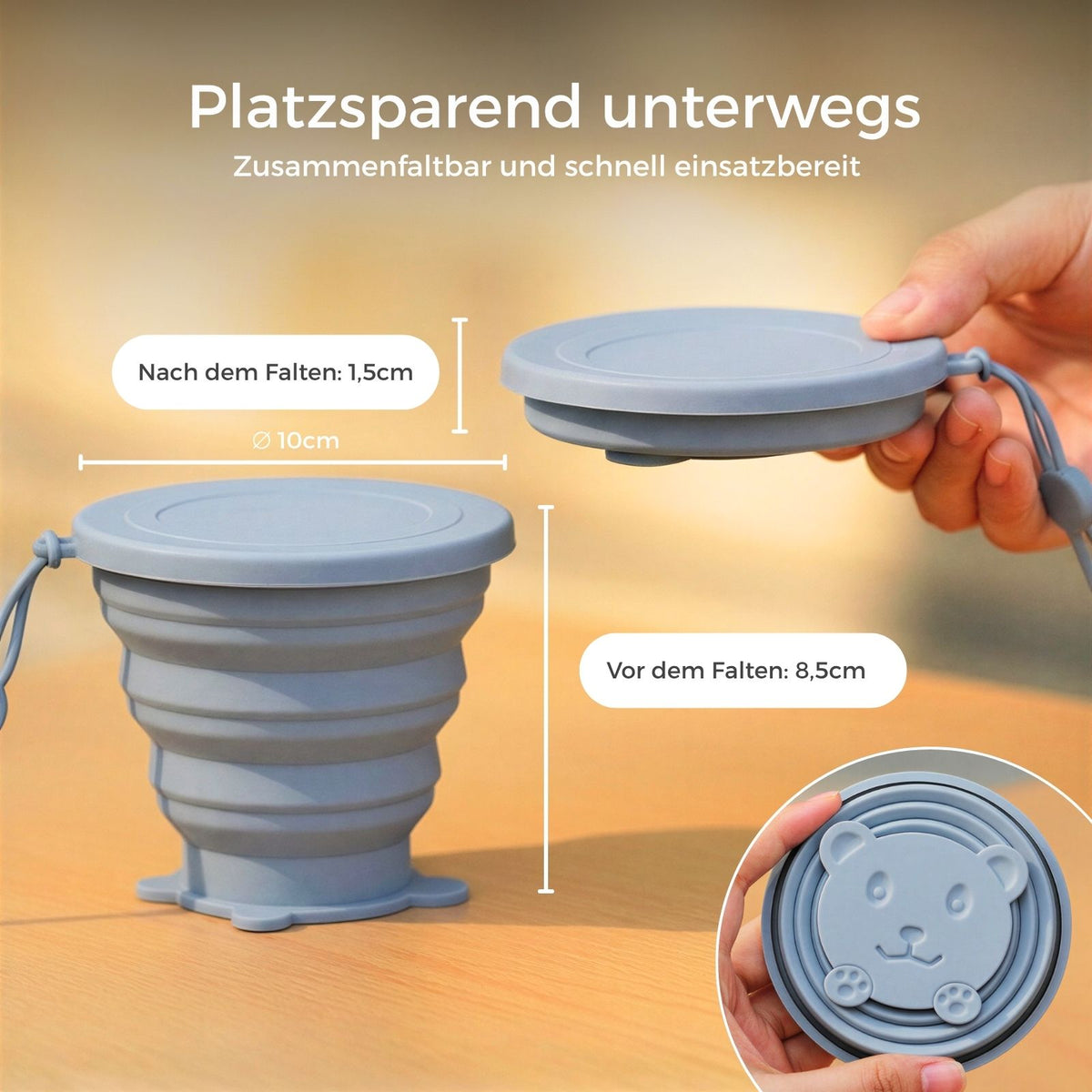 Faltbarer Silikonbecher mit Deckel Trinkbecher Faltbecher Reisebecher