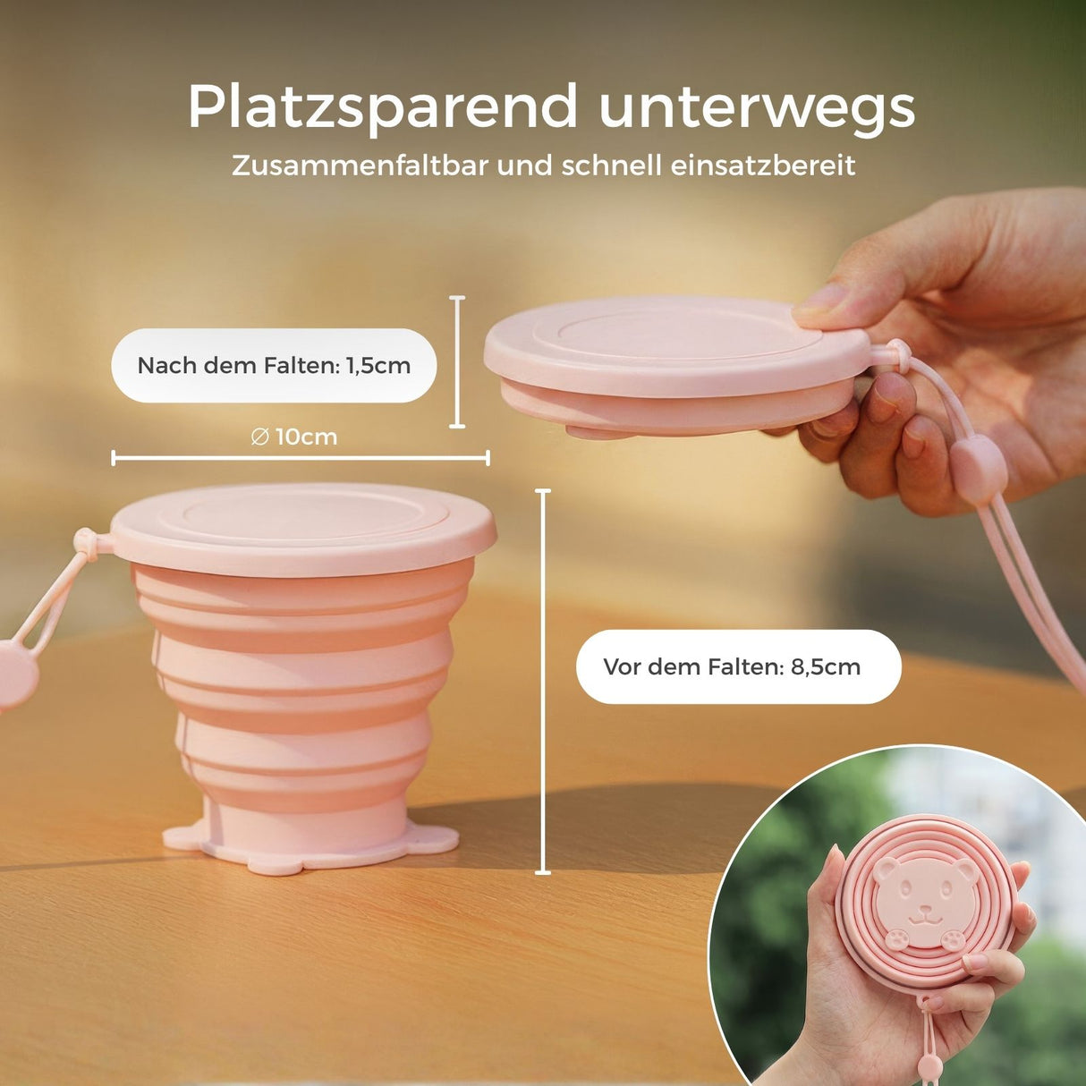 Faltbarer Silikonbecher mit Deckel Trinkbecher Reisebecher Faltbecher