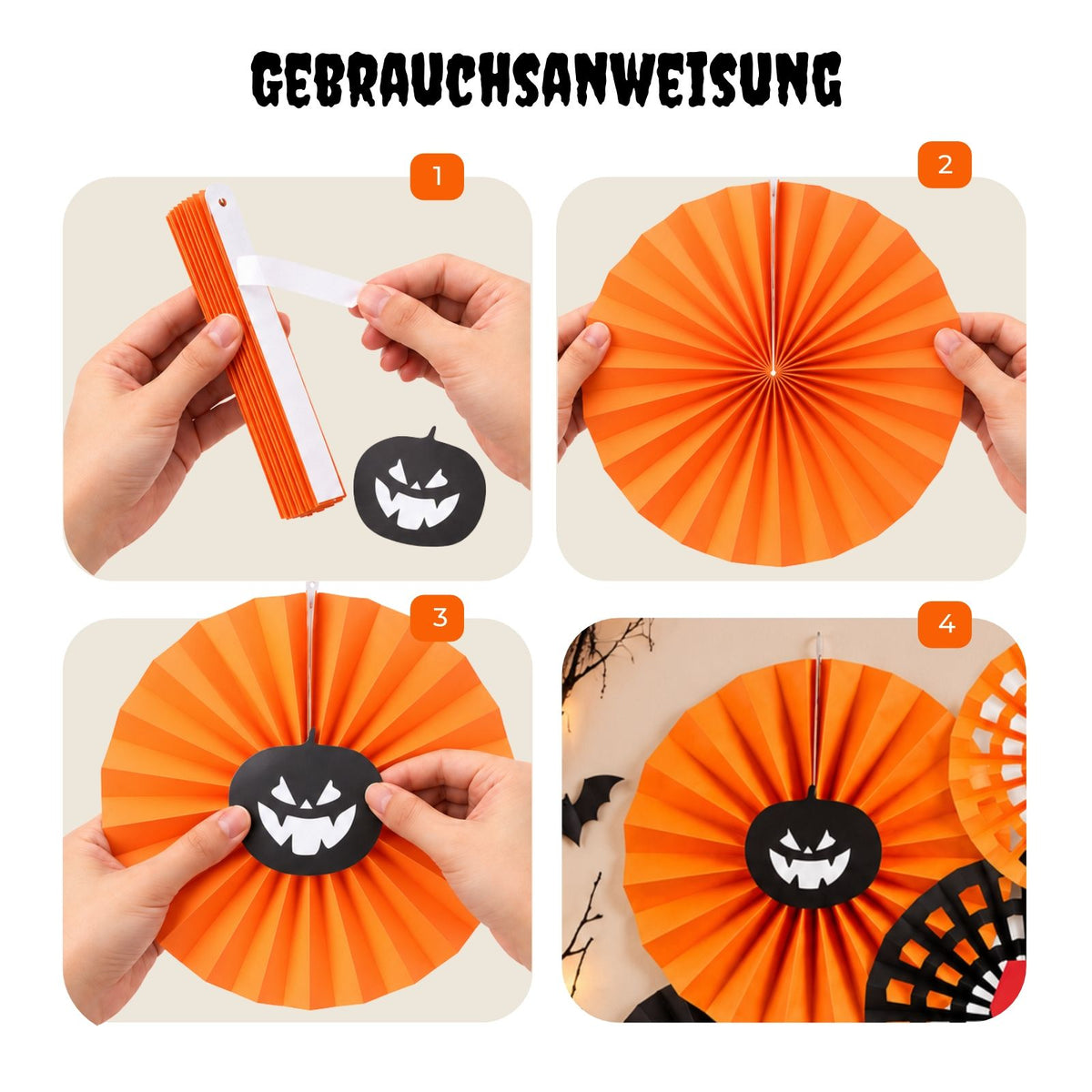 9-tlg. Set Halloween Dekofächer Papierrosetten Papierfächer Wabenfächer