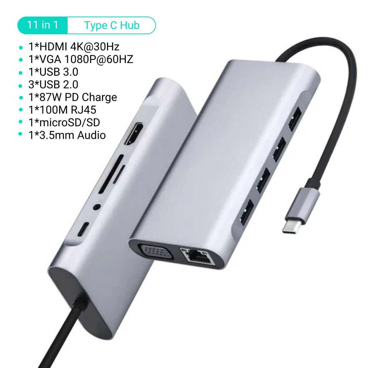 Dockingstation Multi USB-Hub USB-C 11in1 USB-A HDMI microSD/SD RJ45 AUX VGA