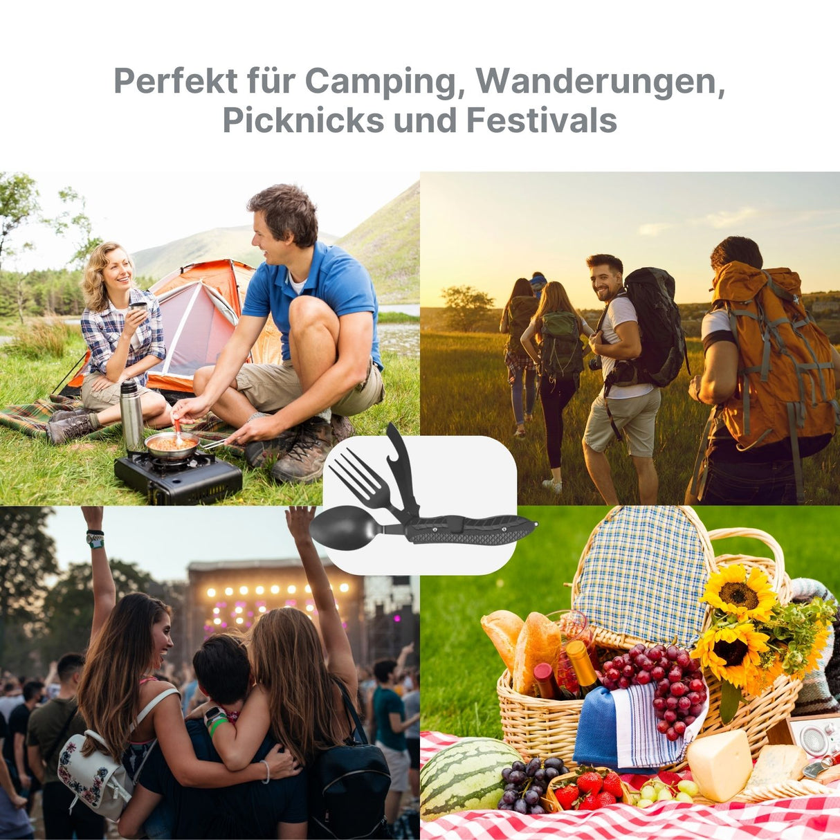 4in1 Outdoor-Besteck-Set Messer Gabel Löffel Flaschenöffner Campingbesteck