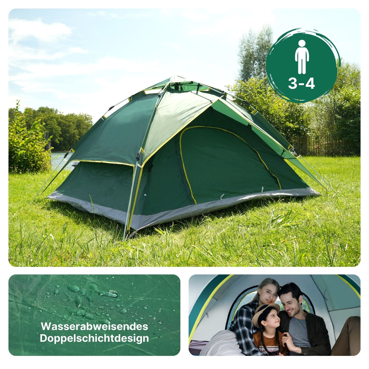 Campingzelt für 3-4 Personen Quick-Up-Zelt Automatikzelt Festivalzelt